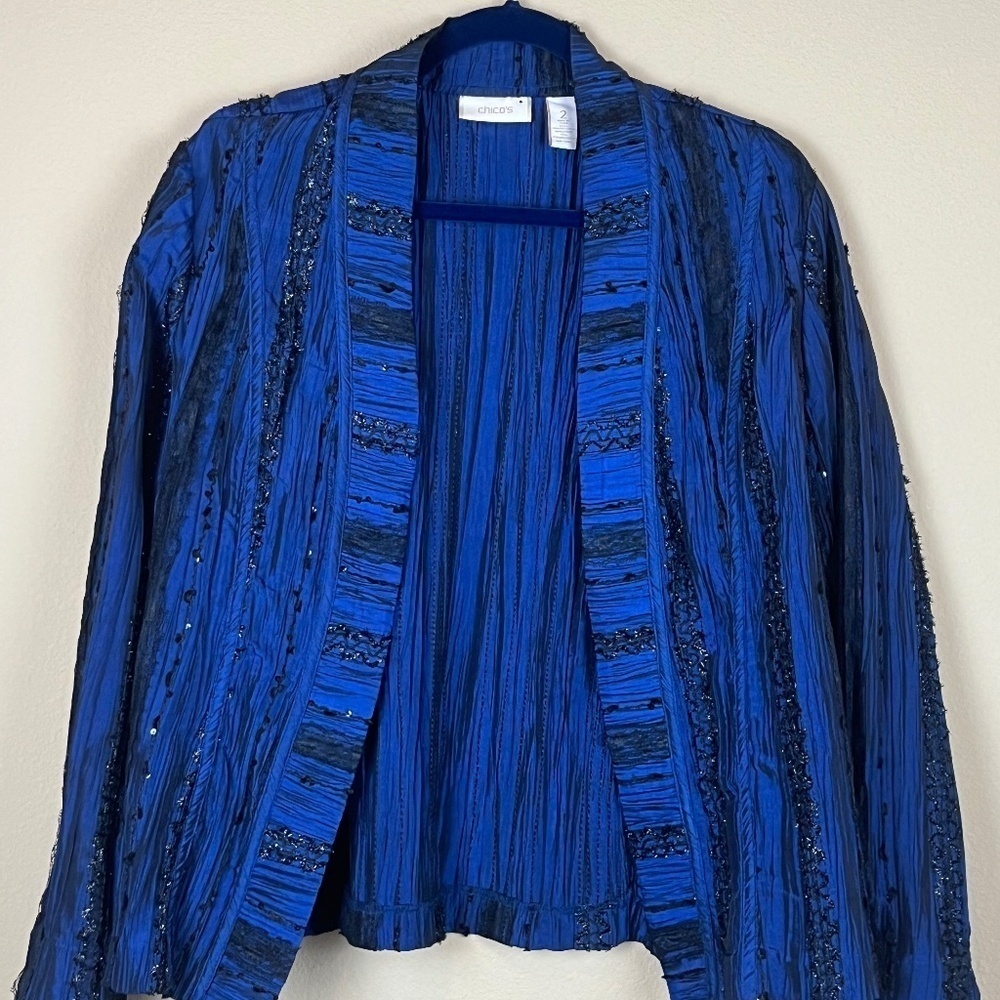 Chico's Earlene Lacey Logan Sapphire with Black Shimmer Blazer; Size 2 (L)